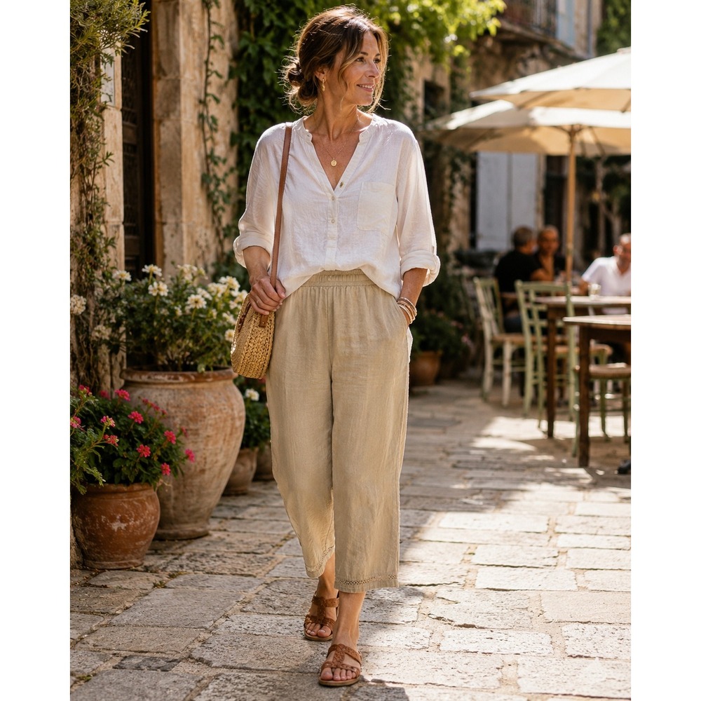 Emily Daniels Tan Linen Blend Cropped Wide Leg Pants Elastic Waist Lace Hem S